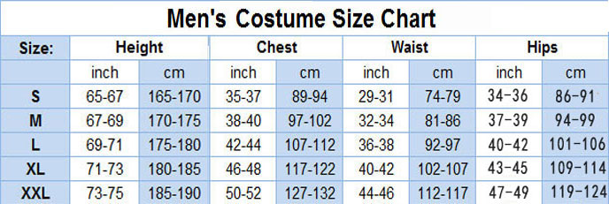 Uomini dimensioni cosplay tabella